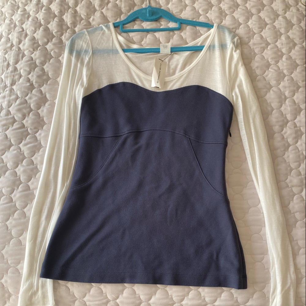 Blue and beige long sleeve blouse with side zip